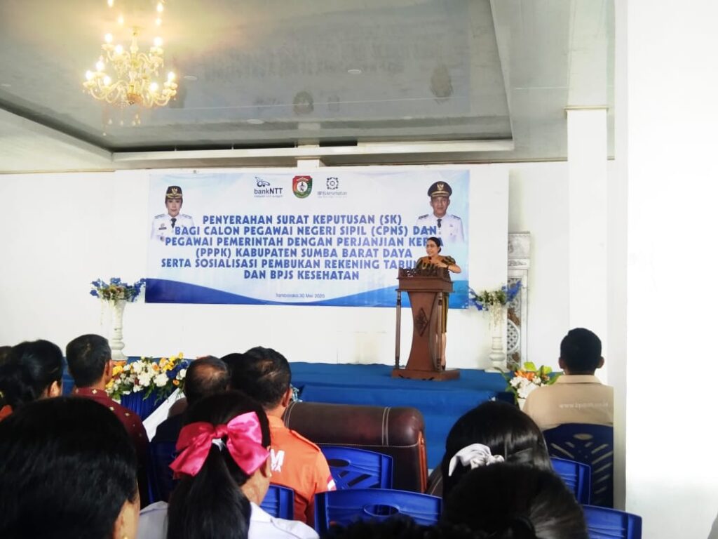 CPNS dan PPPK SBD Bupati Sumba Barat Daya (SBD), Ratu Ngadu Bonu Wulla, saat memberikan sambutan dalam acara penyerahan SK bagi CPNS dan PPPK (AH/Suarajarmas.id)